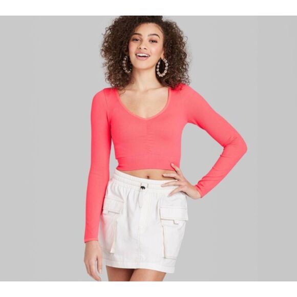 Women's Long Sleeve V-Neck Front Cinch Fitted T-Shirt - Wild Fable Pink L - Picture 3 of 6